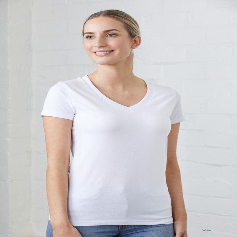 Premium White Womens VNeck ShortSleeve Cotton Tee  Classic Fit