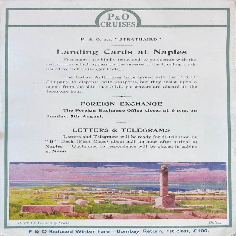 P & O Lines. S.S. Strathaird. Group of ephemera